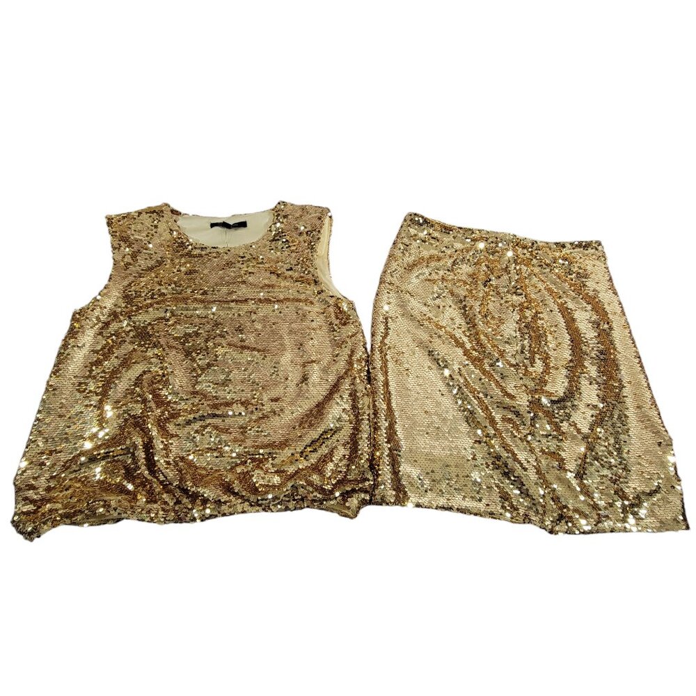 Marc New York Shiny Gold Sequin Skirt Top Set Womens Medium Sleeless NWT